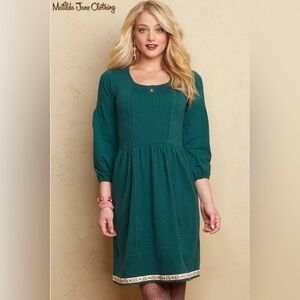 Women Matilda Jane Nadine Fancy Charlie Dress in Emerald Green with Floral Trim
